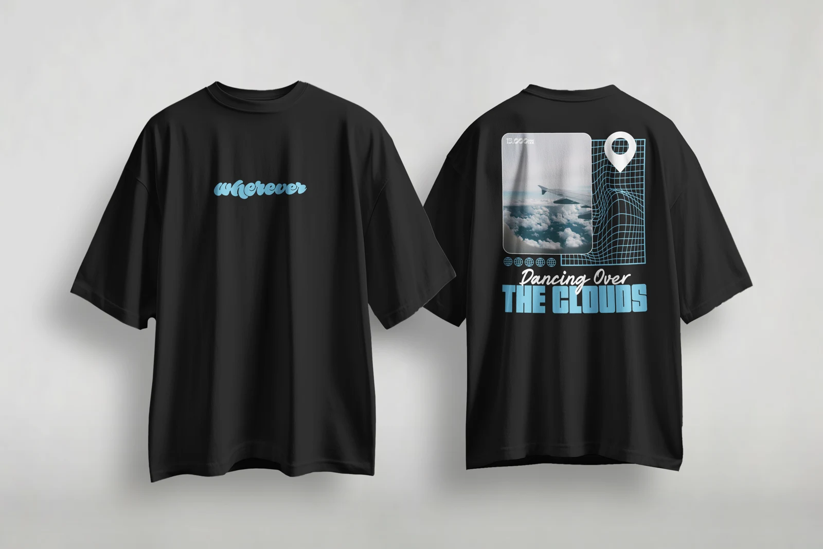 Dancing, camiseta negra oversize unisex, vista delantera y trasera